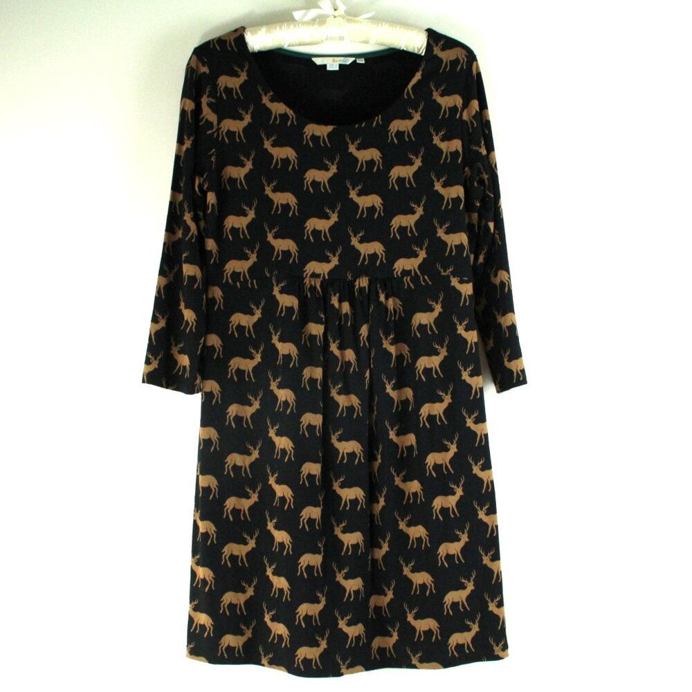 Boden Black Mini Dress with Tan Deer Print